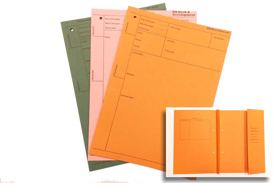 HR File Covers available with drill holes.  Various Colours of board and we also offer Bespoke Printing.